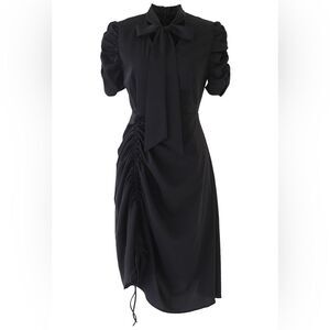 Chicwish Self Tie Bow Neck Side Drawstring Puffy Ruched Sleeves Lined Dress S